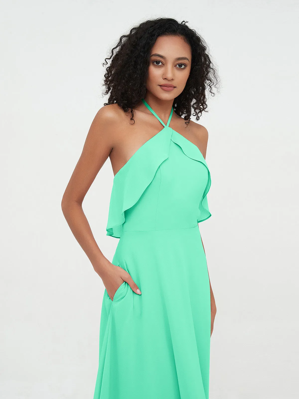 Halter Strap Chiffon Long Bridesmaid Dresses Turquoise Plus Size