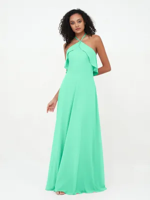 Halter Strap Chiffon Long Bridesmaid Dresses Turquoise Plus Size