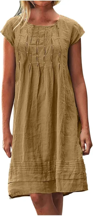 hlysgo Casual Dresses for Women Plus Size Cotton Linen Short Sleeve Mini Dress Summer Loose Comfy Pleated Knee Length Dress