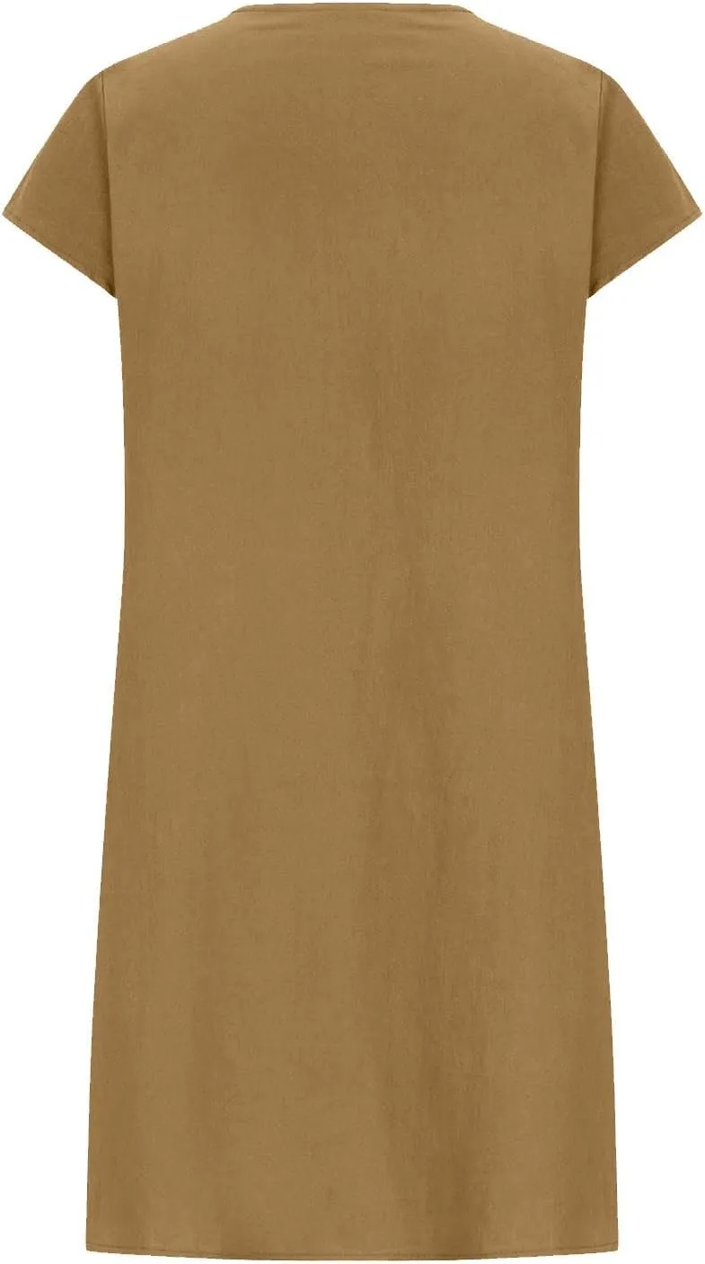hlysgo Casual Dresses for Women Plus Size Cotton Linen Short Sleeve Mini Dress Summer Loose Comfy Pleated Knee Length Dress