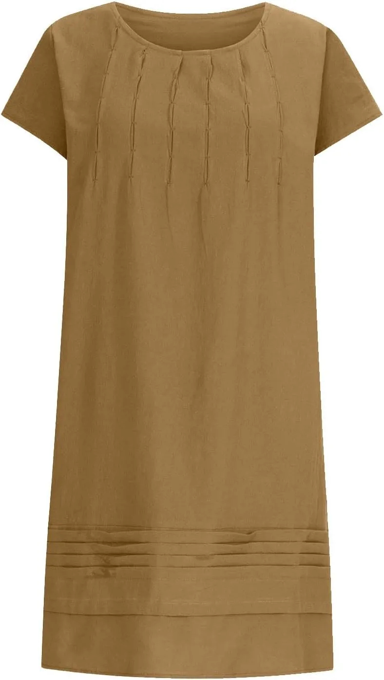 hlysgo Casual Dresses for Women Plus Size Cotton Linen Short Sleeve Mini Dress Summer Loose Comfy Pleated Knee Length Dress