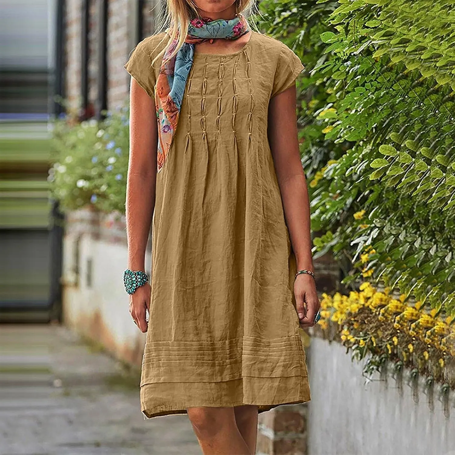 hlysgo Casual Dresses for Women Plus Size Cotton Linen Short Sleeve Mini Dress Summer Loose Comfy Pleated Knee Length Dress