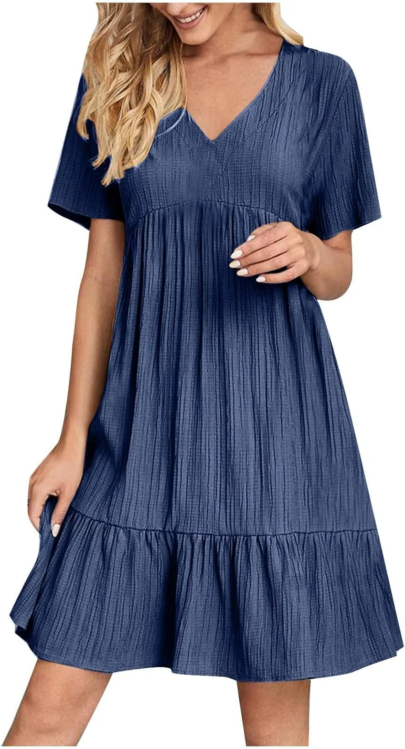 hlysgo Flowy Dresses for Women 2025 Summer Short Sleeve V Neck Beach Mini Dress Ladies Ruffled Hem Knee Length Casual Dress
