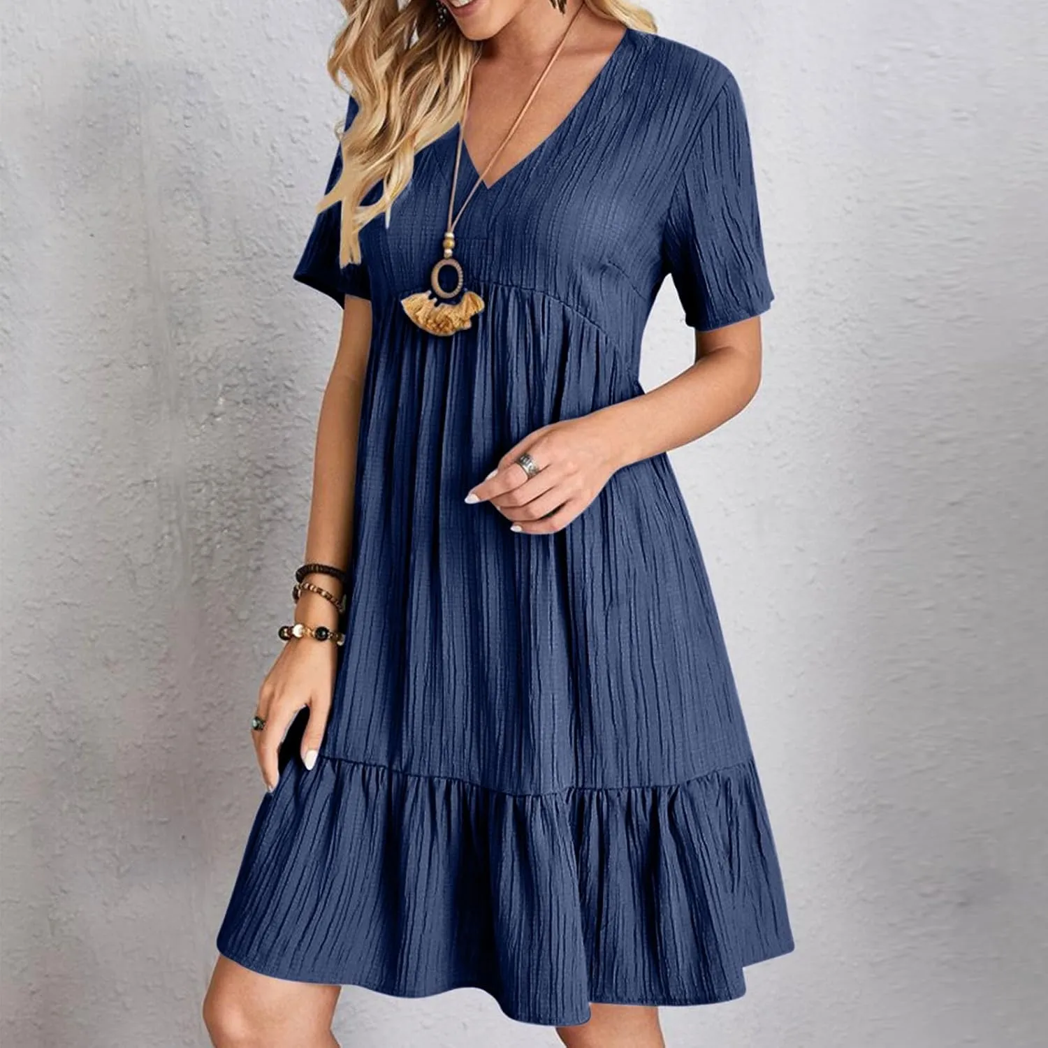 hlysgo Flowy Dresses for Women 2025 Summer Short Sleeve V Neck Beach Mini Dress Ladies Ruffled Hem Knee Length Casual Dress