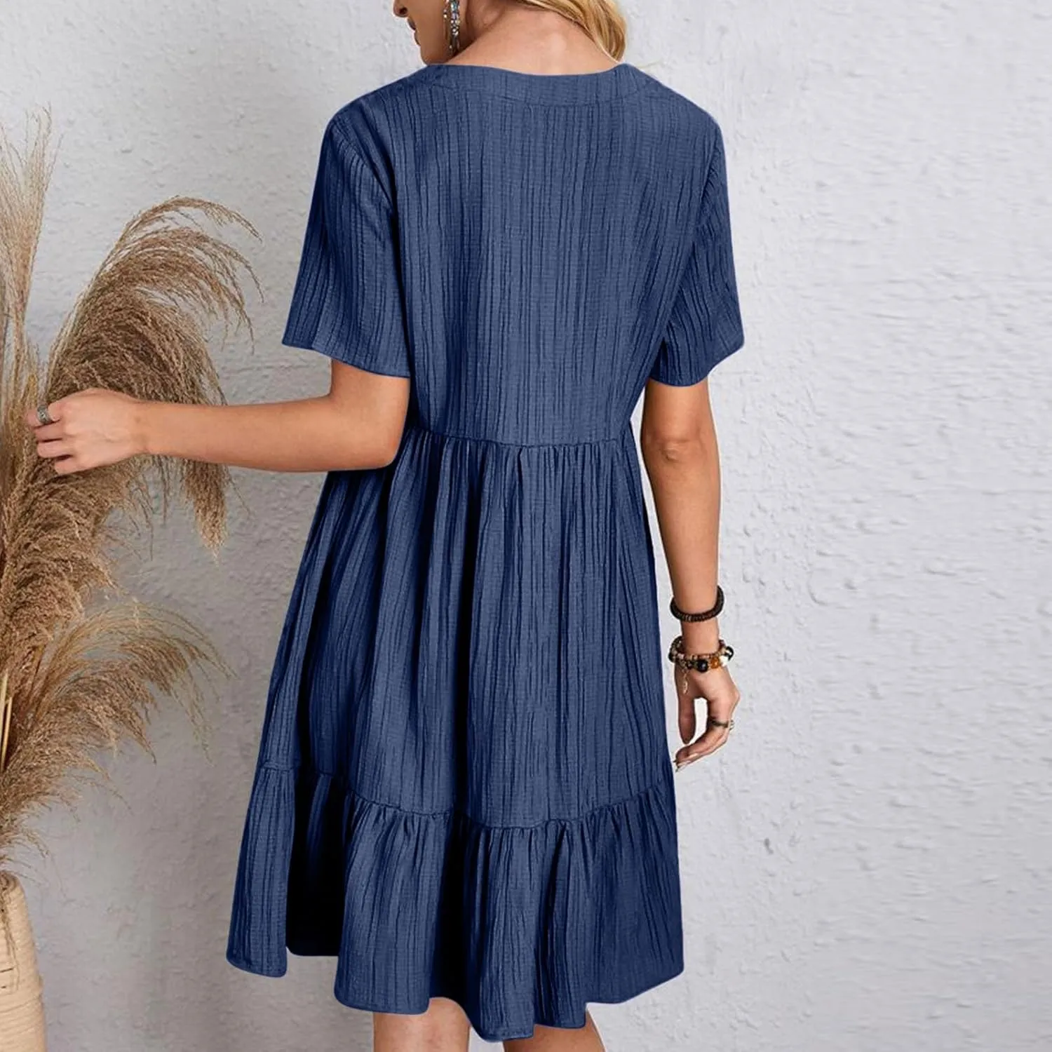 hlysgo Flowy Dresses for Women 2025 Summer Short Sleeve V Neck Beach Mini Dress Ladies Ruffled Hem Knee Length Casual Dress