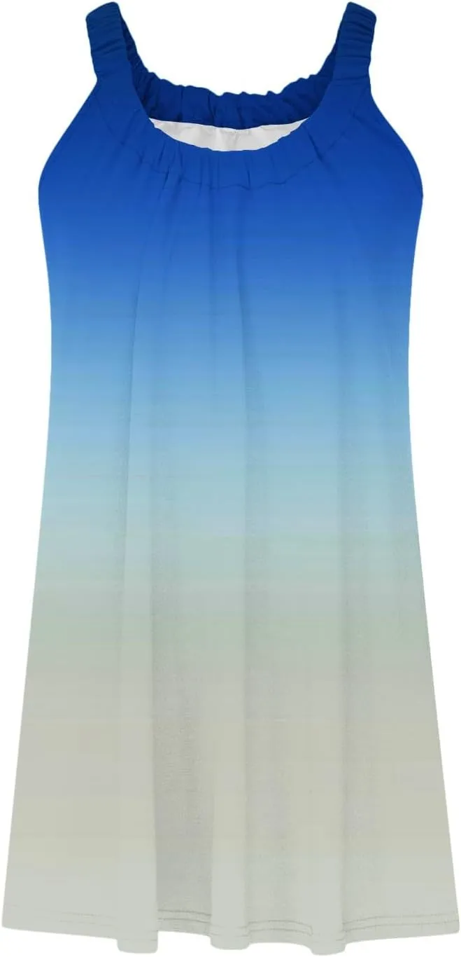 hlysgo Petite Dresses for Women Trendy Gradient Beachwear Coverup Sleeveless Crewneck Mini Dress Summer Knee Length Sundress