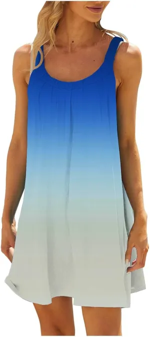 hlysgo Petite Dresses for Women Trendy Gradient Beachwear Coverup Sleeveless Crewneck Mini Dress Summer Knee Length Sundress