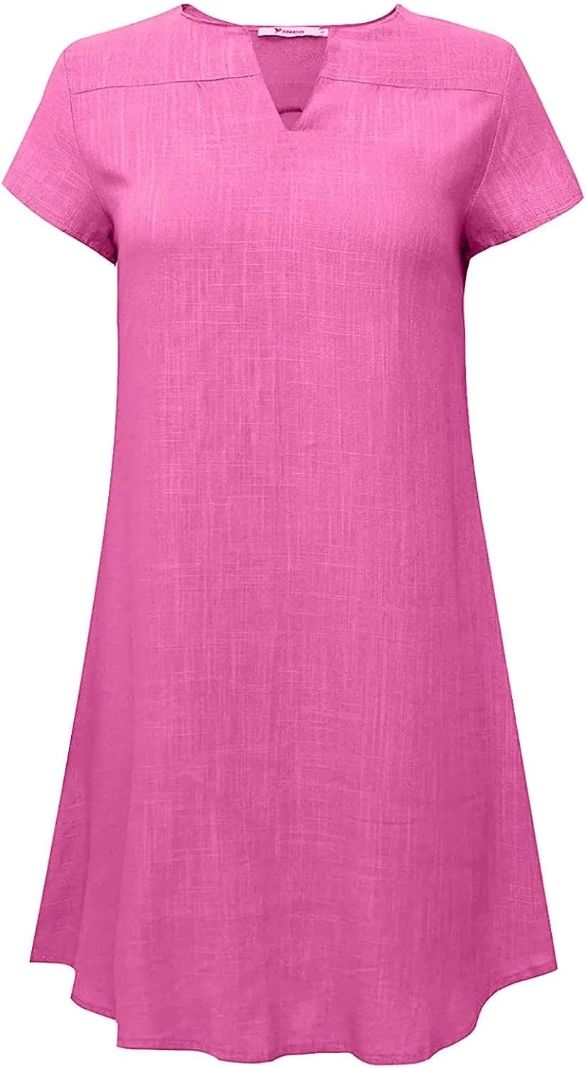 hlysgo Women's Casual Dresses Summer Loose Comfy Cotton Linen Vacation Mini Dress Plus Size Short Sleeve V Neck Beach Dress