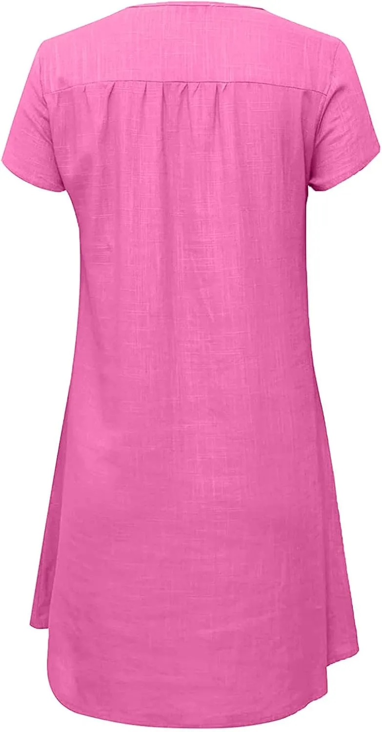 hlysgo Women's Casual Dresses Summer Loose Comfy Cotton Linen Vacation Mini Dress Plus Size Short Sleeve V Neck Beach Dress