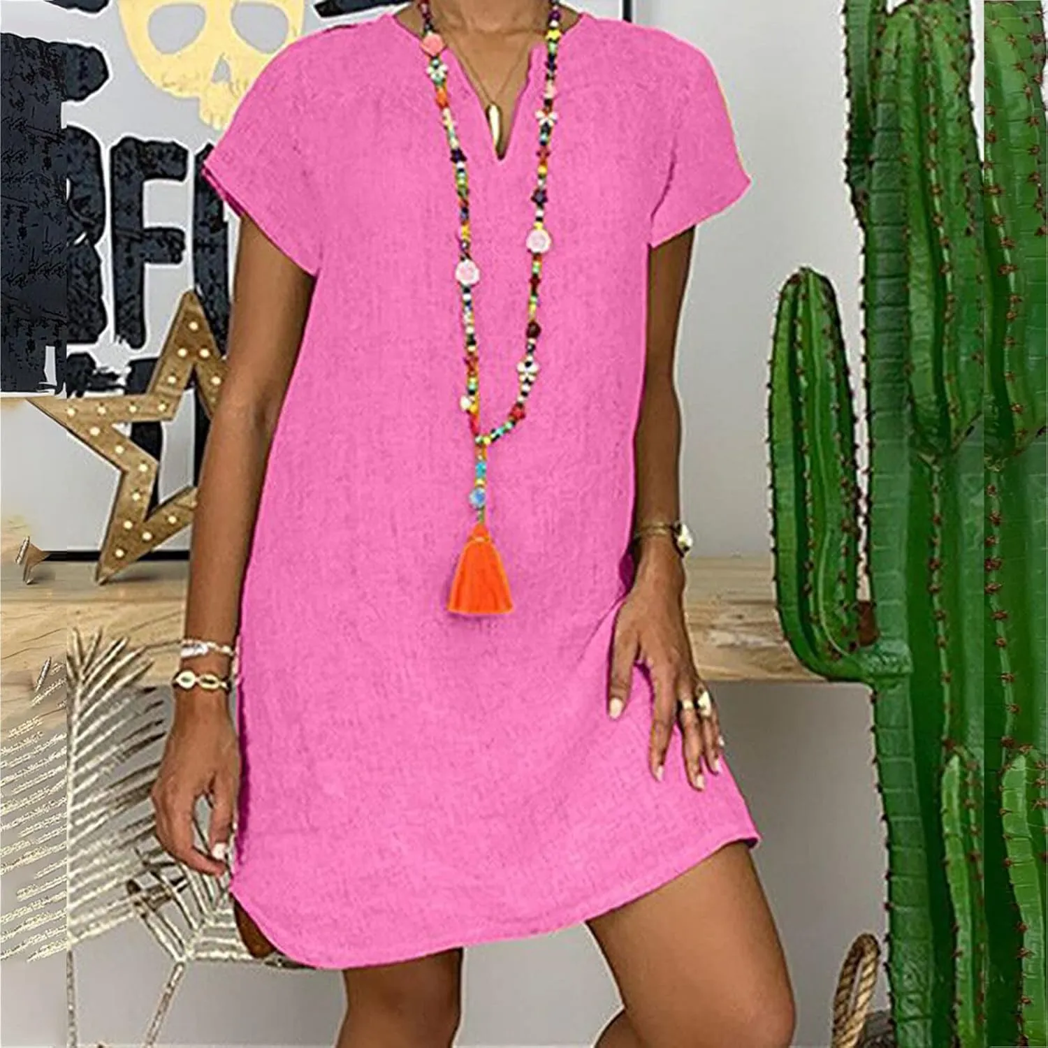 hlysgo Women's Casual Dresses Summer Loose Comfy Cotton Linen Vacation Mini Dress Plus Size Short Sleeve V Neck Beach Dress