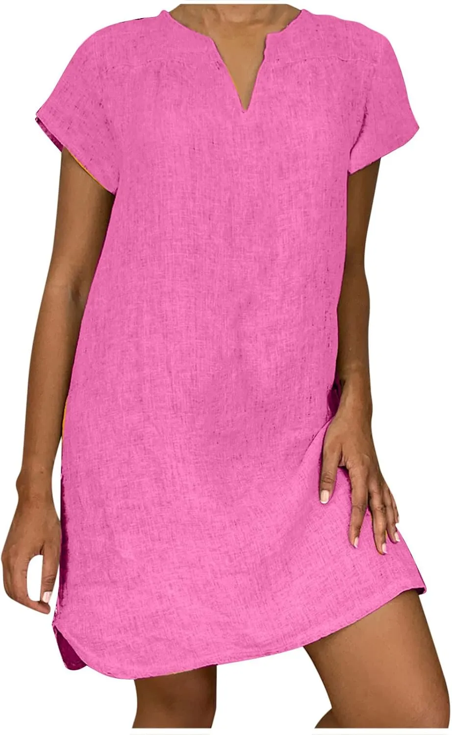 hlysgo Women's Casual Dresses Summer Loose Comfy Cotton Linen Vacation Mini Dress Plus Size Short Sleeve V Neck Beach Dress