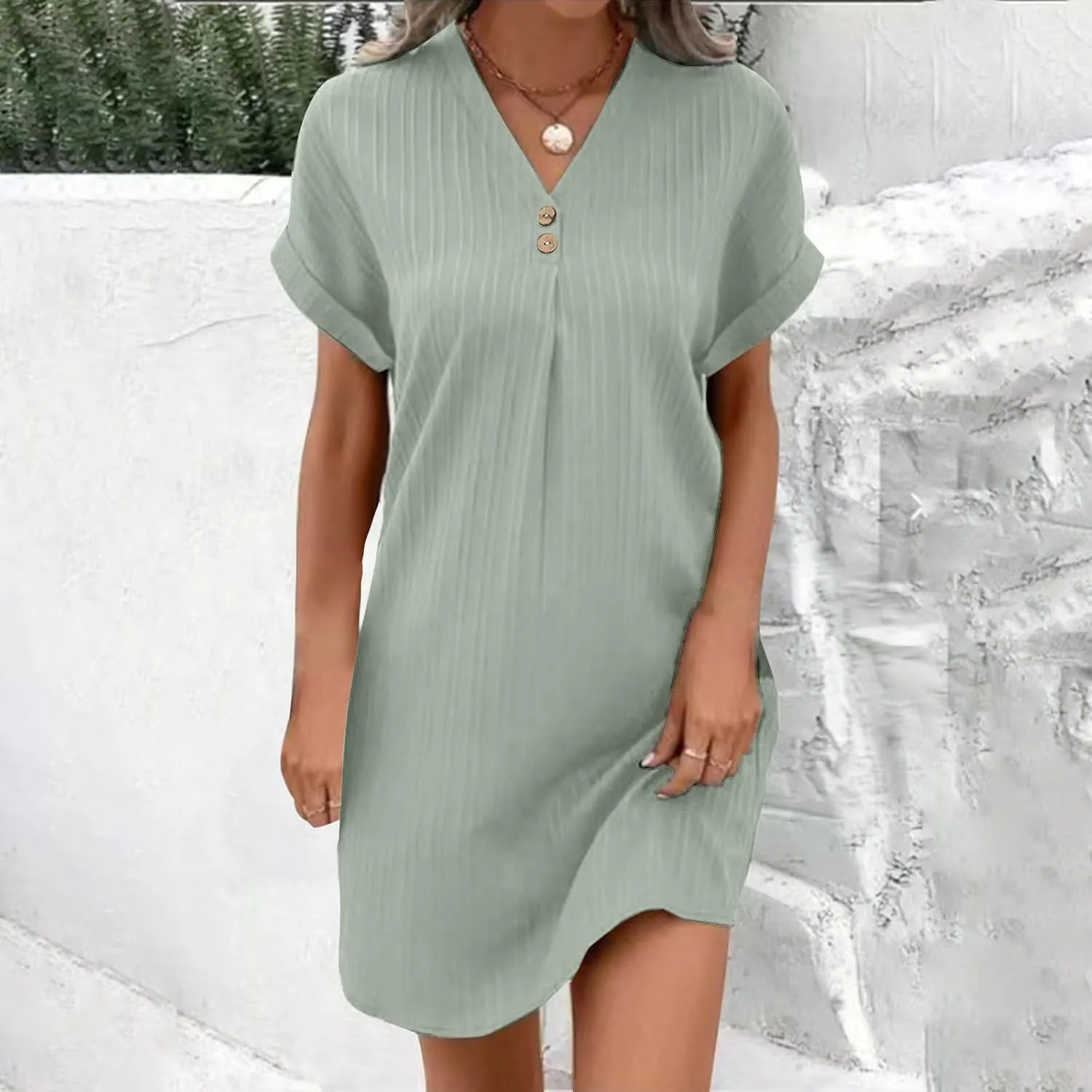 hlysgo Womens Mini Dress 2025 Summer Casual Loose Fit Short Sleeve V Neck Dress Trendy Pleated Going Out Dress for Ladies