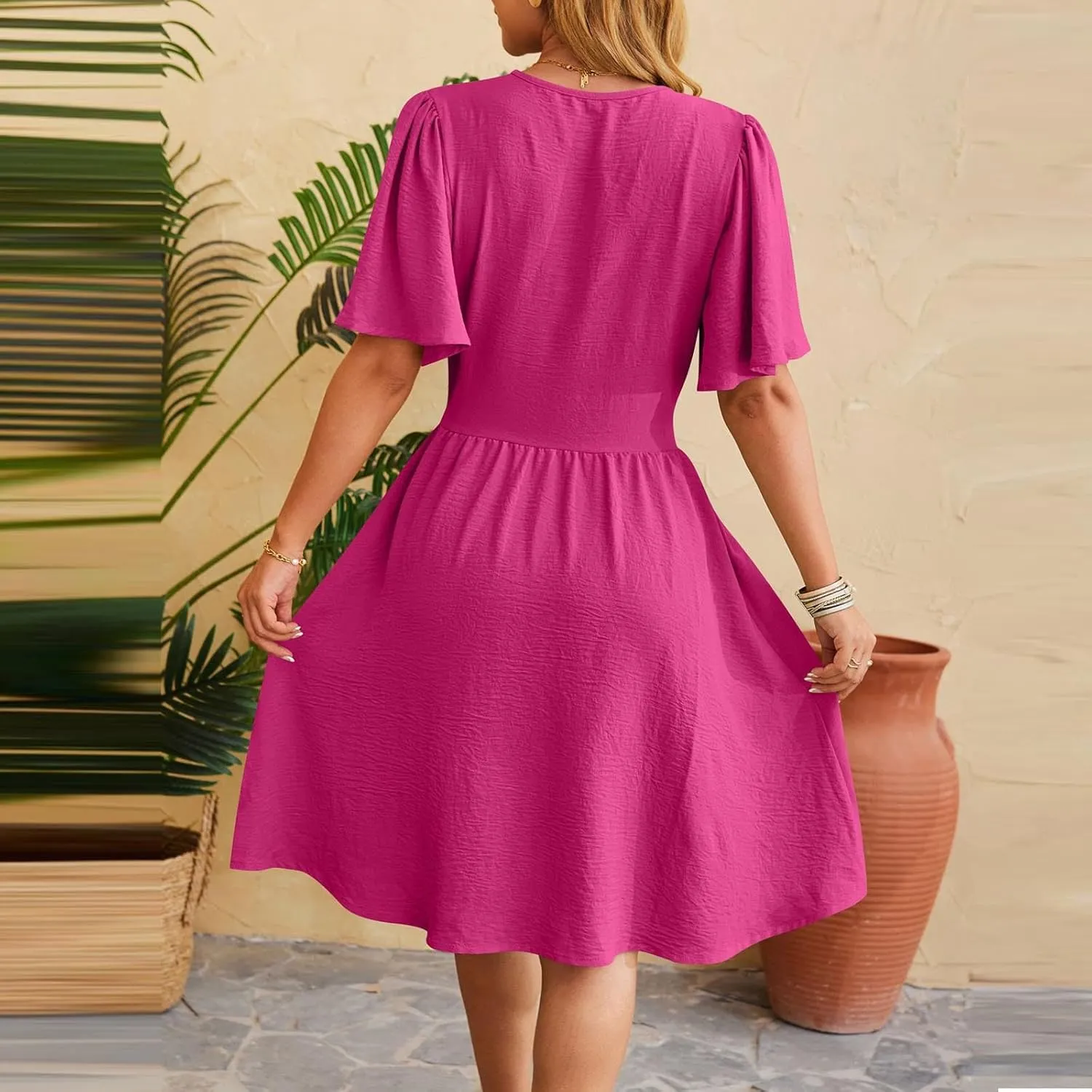 hlysgo Womens Mini Dress 2025 Summer Wrap V Neck Short Sleeve Knee Length Dresses Casual Loose Fit Beach Dress for Ladies