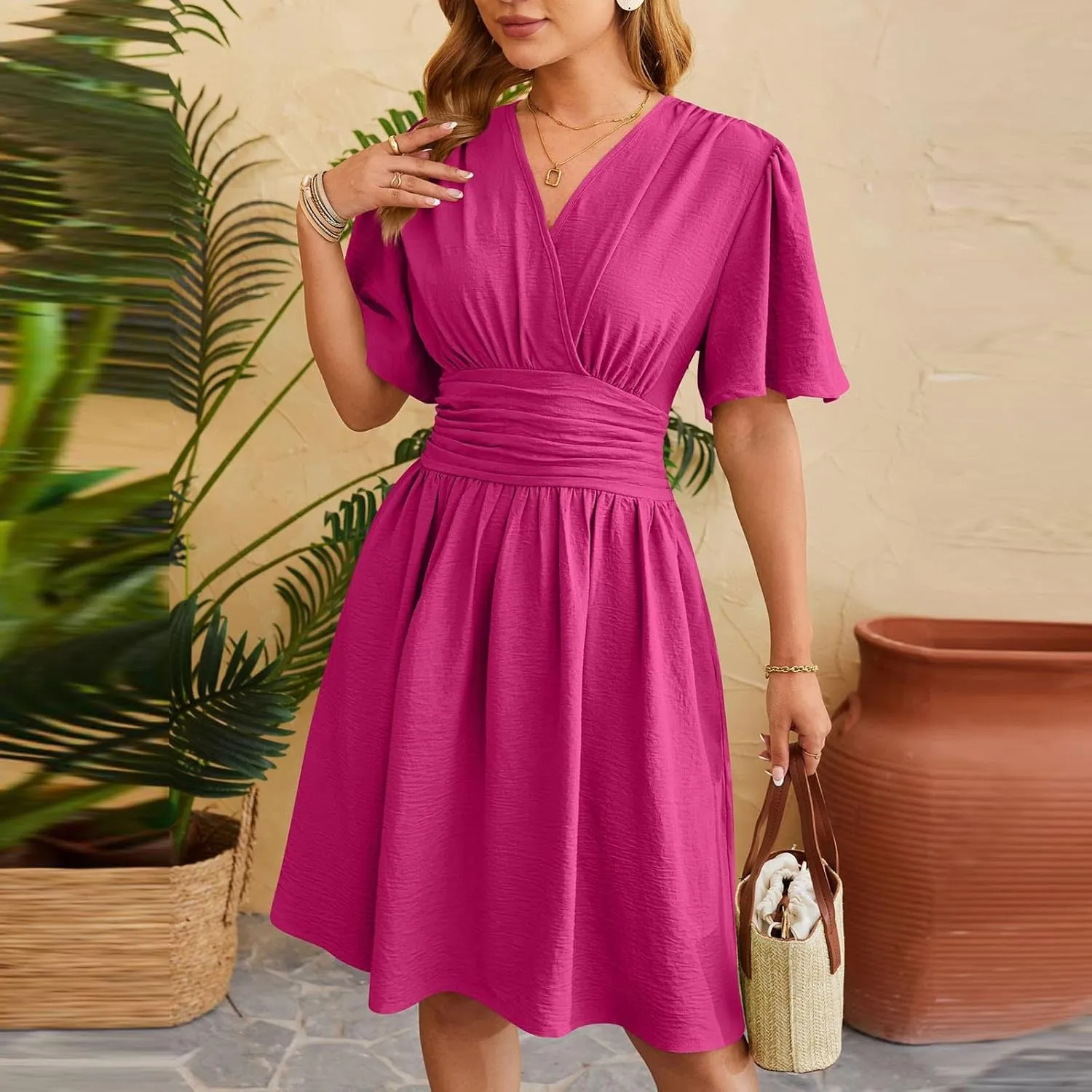 hlysgo Womens Mini Dress 2025 Summer Wrap V Neck Short Sleeve Knee Length Dresses Casual Loose Fit Beach Dress for Ladies