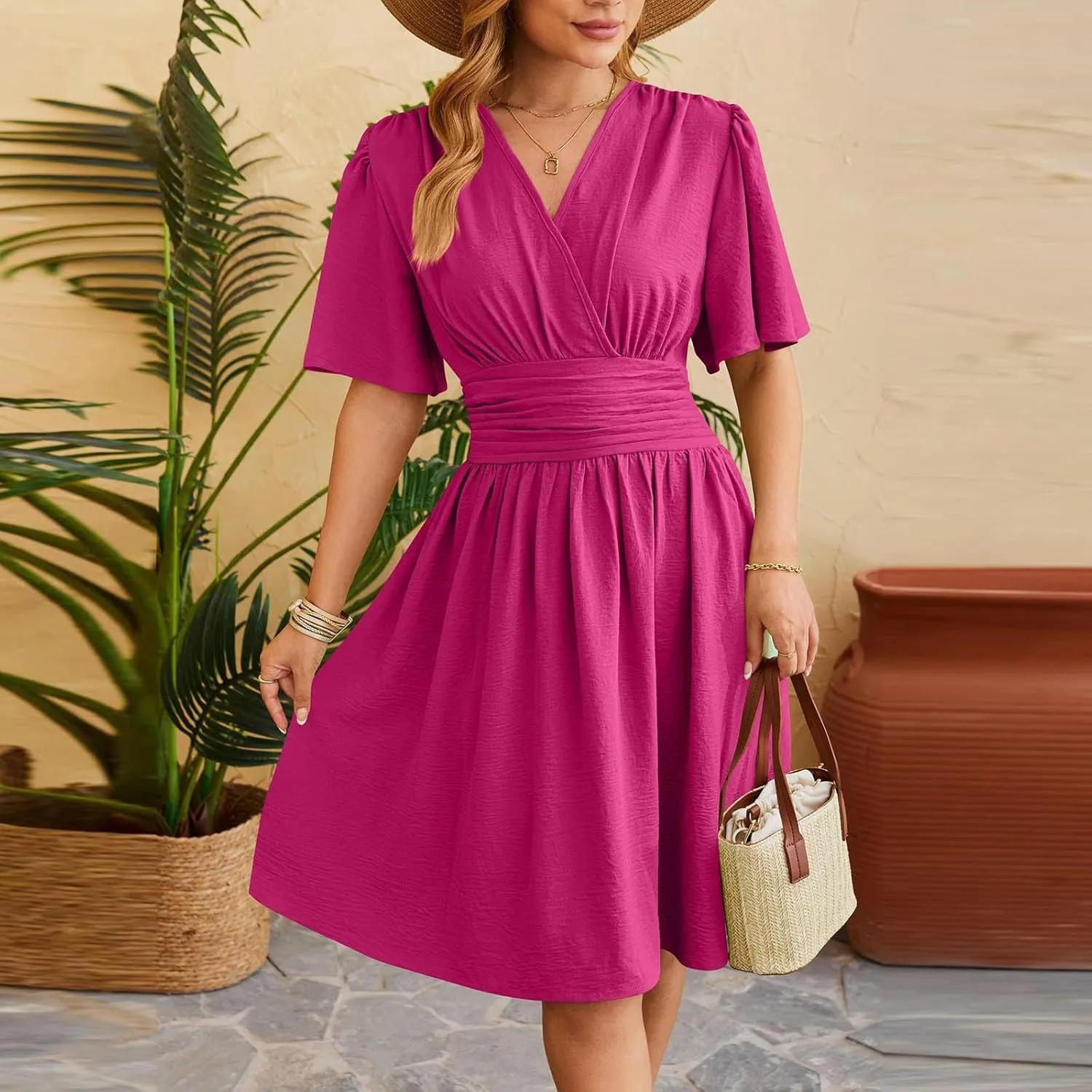hlysgo Womens Mini Dress 2025 Summer Wrap V Neck Short Sleeve Knee Length Dresses Casual Loose Fit Beach Dress for Ladies