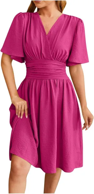 hlysgo Womens Mini Dress 2025 Summer Wrap V Neck Short Sleeve Knee Length Dresses Casual Loose Fit Beach Dress for Ladies