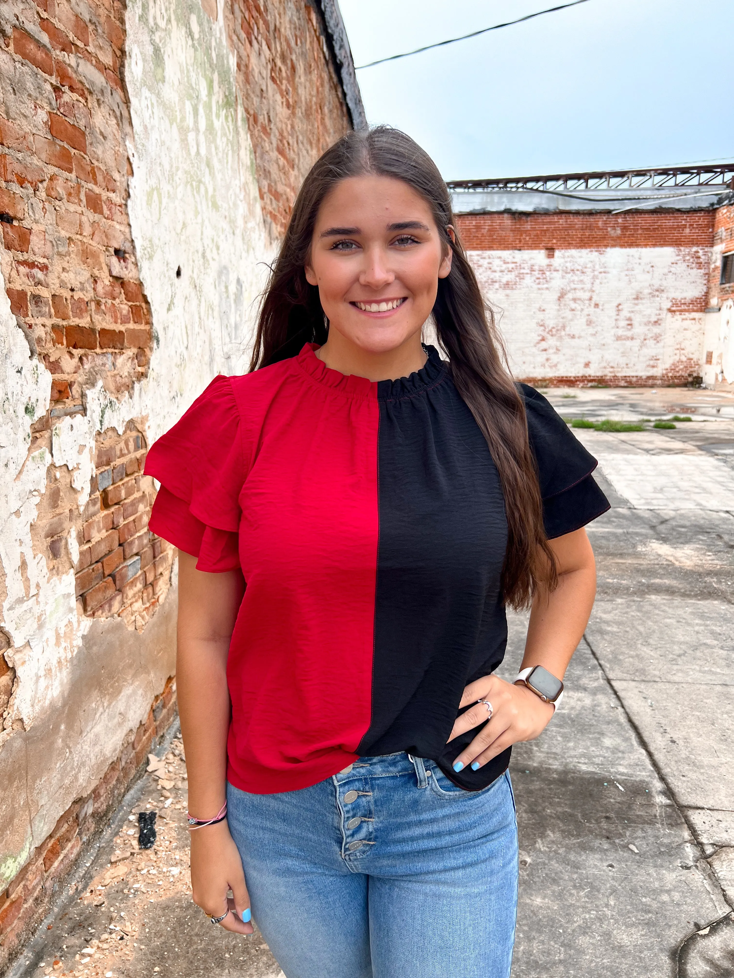 Kaia Color Block Tiered Ruffle Sleeve Blouse