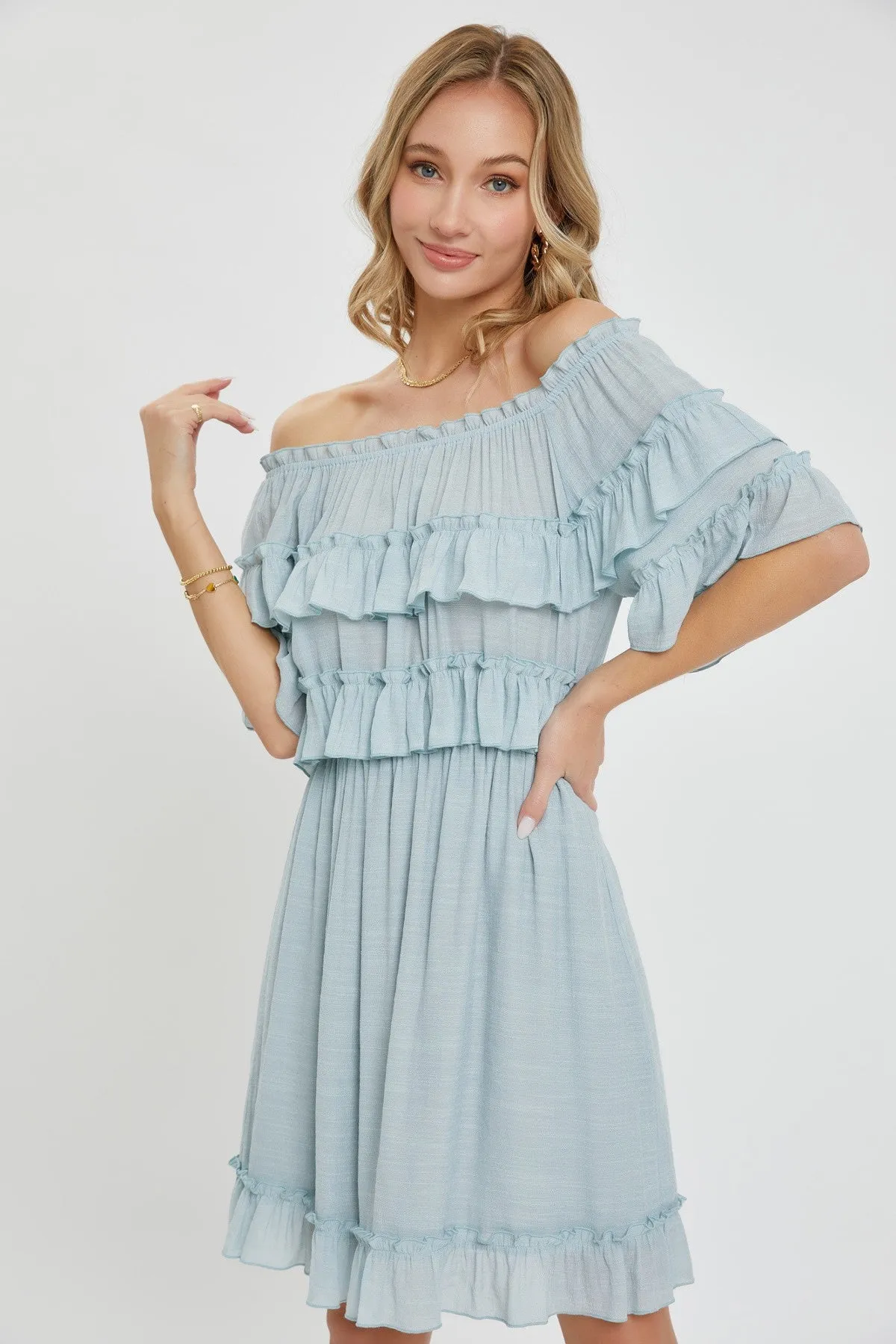 Misty Blue Off Shoulder Ruffle Knee Length Dress