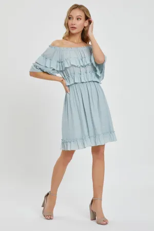 Misty Blue Off Shoulder Ruffle Knee Length Dress