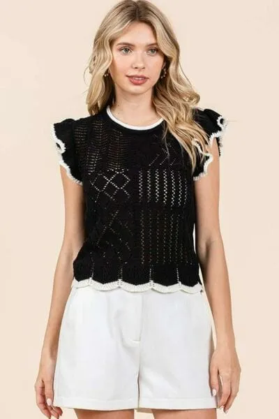 Mittoshop Openwork Contrast Trim Ruffled Cap Sleeve Knit Top