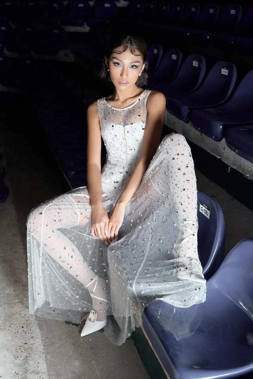 Nyxia Straight Sleeveless Mesh Floor Length Dress