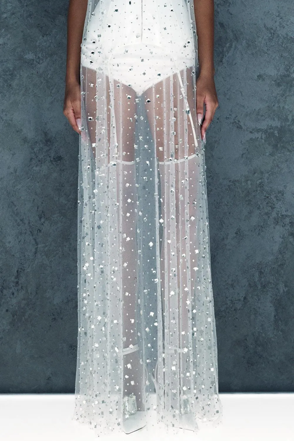 Nyxia Straight Sleeveless Mesh Floor Length Dress
