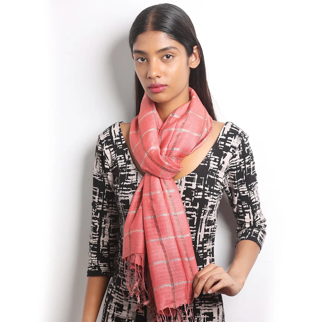 Pink & Gold Shiny Lurex Striped Tassel Viscose Scarf