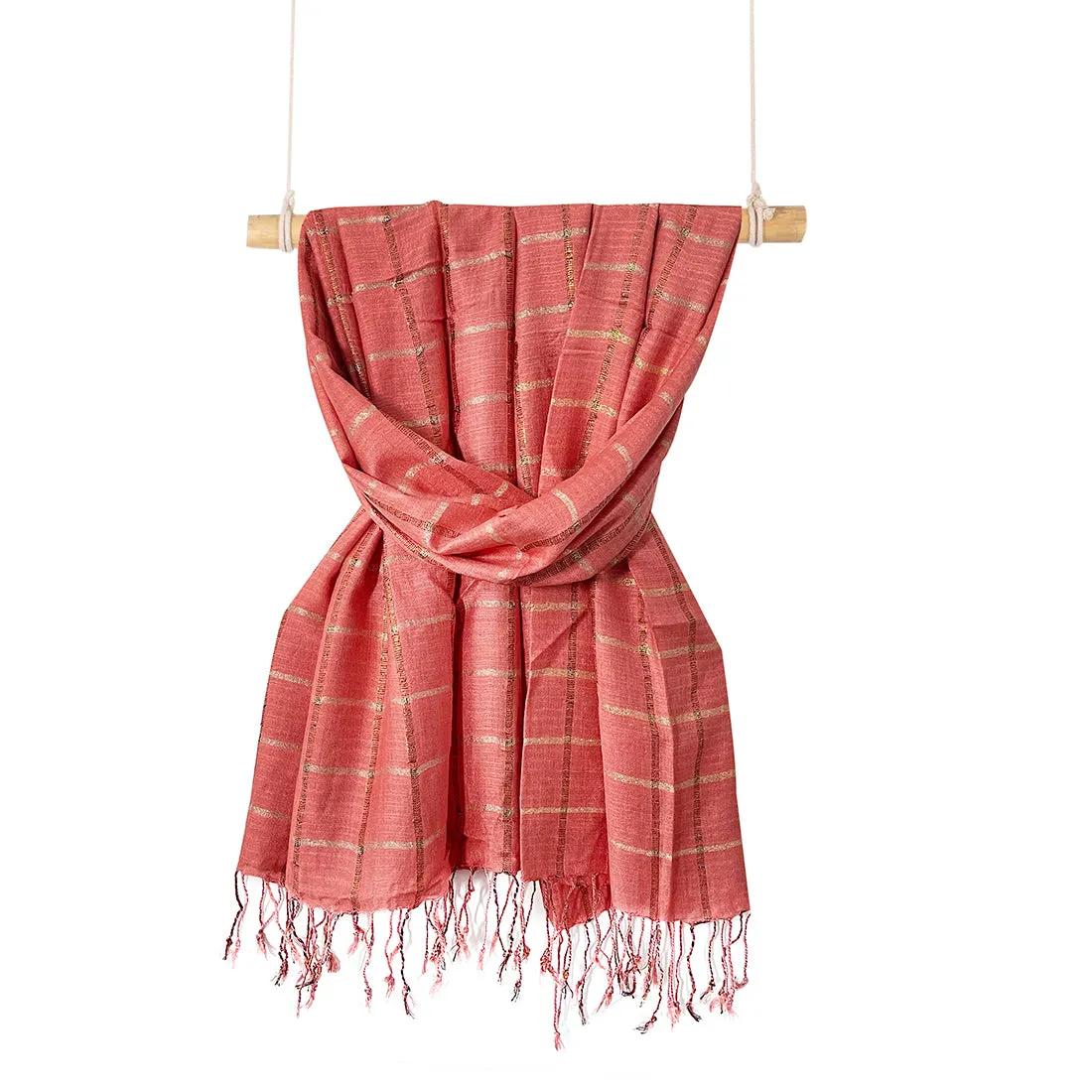 Pink & Gold Shiny Lurex Striped Tassel Viscose Scarf