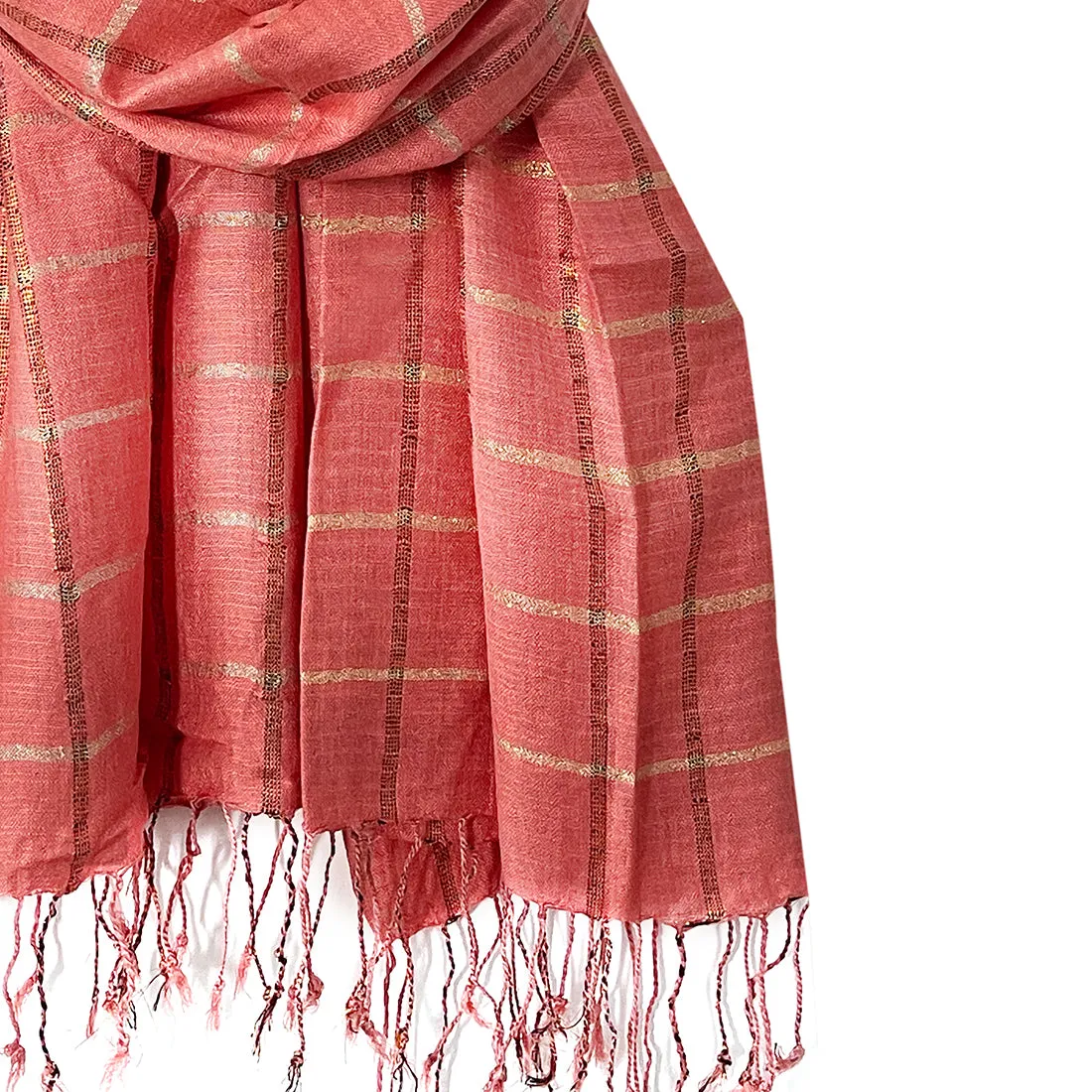 Pink & Gold Shiny Lurex Striped Tassel Viscose Scarf