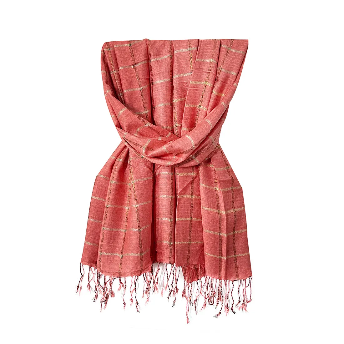 Pink & Gold Shiny Lurex Striped Tassel Viscose Scarf
