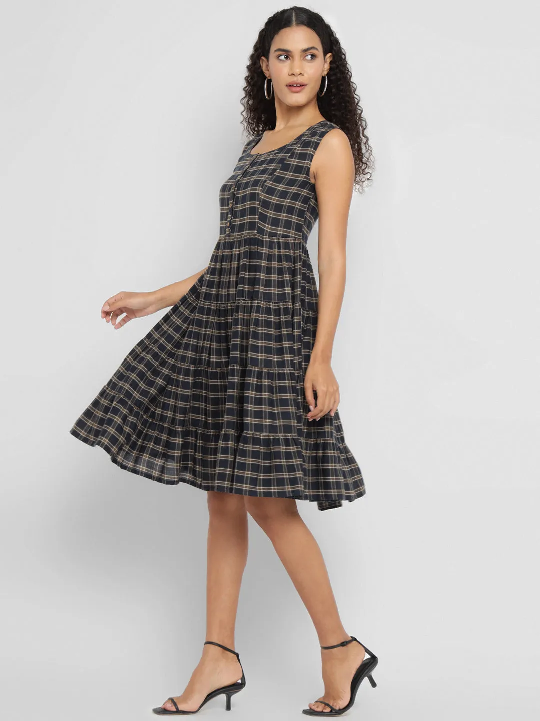 Porsorte Navy Blue & Beige Checked A-Line Sleeveless Midi Dress for Women