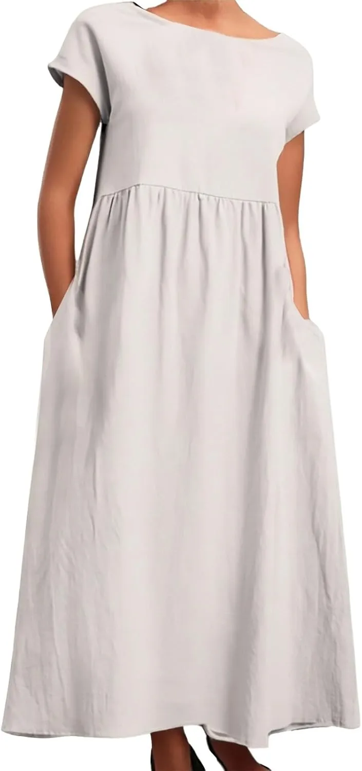 PTOLOCIF Women's Maxi Dress 2025 Summer Cotton Linen Long Dresses Solid Color Plus Size Loose T Shirt Dress with Pockets