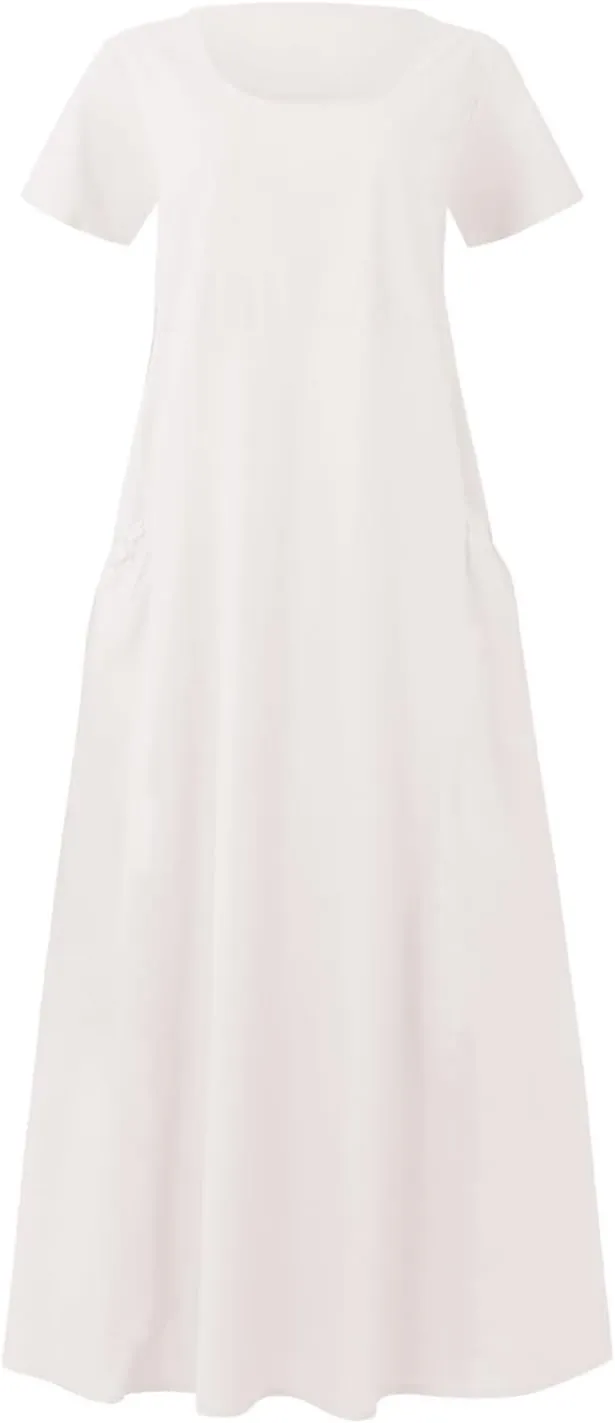 PTOLOCIF Women's Maxi Dress 2025 Summer Cotton Linen Long Dresses Solid Color Plus Size Loose T Shirt Dress with Pockets