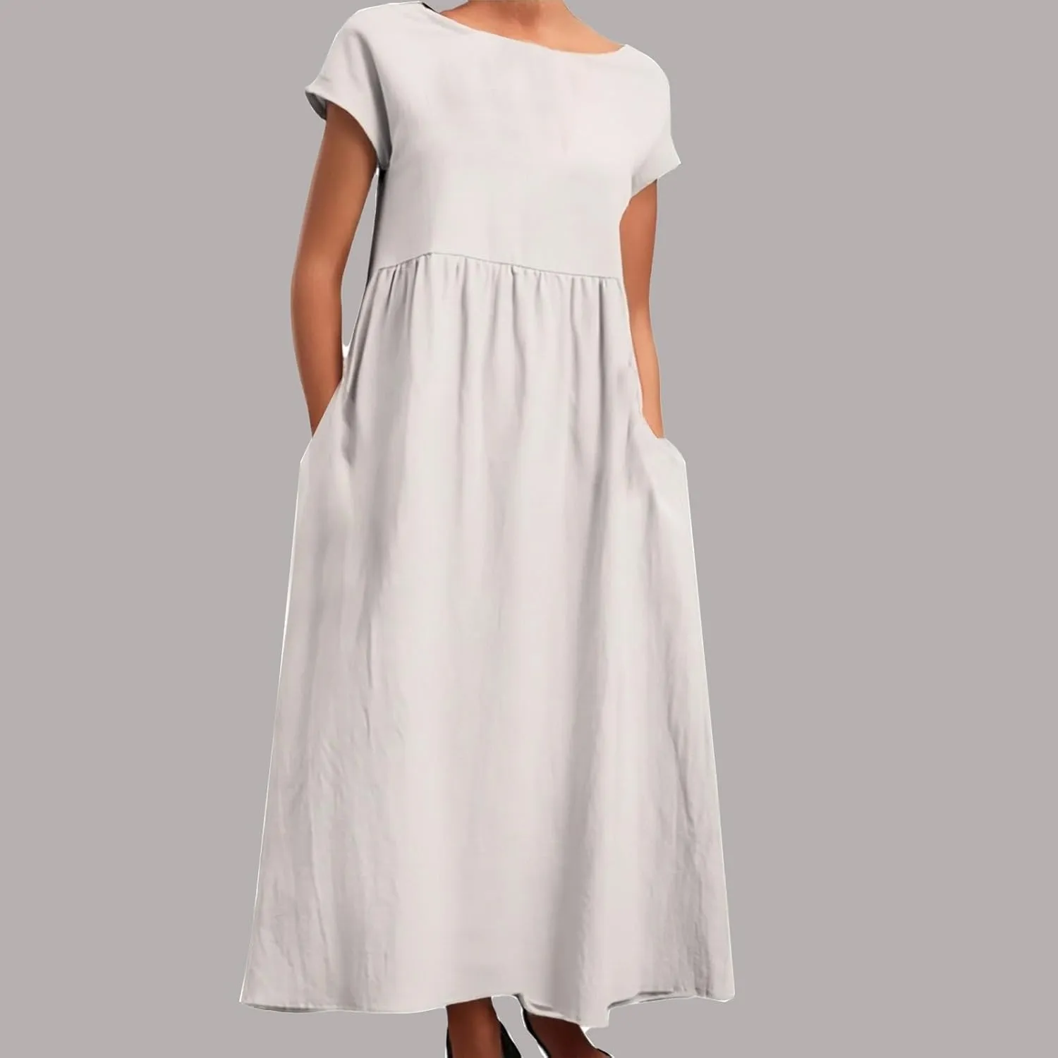 PTOLOCIF Women's Maxi Dress 2025 Summer Cotton Linen Long Dresses Solid Color Plus Size Loose T Shirt Dress with Pockets