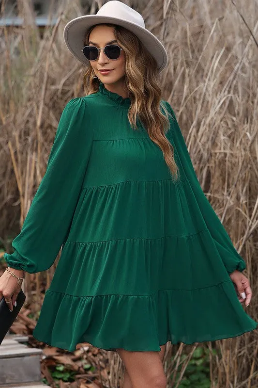 Puff Sleeve Mock Neck Back Knot Tiered Dress