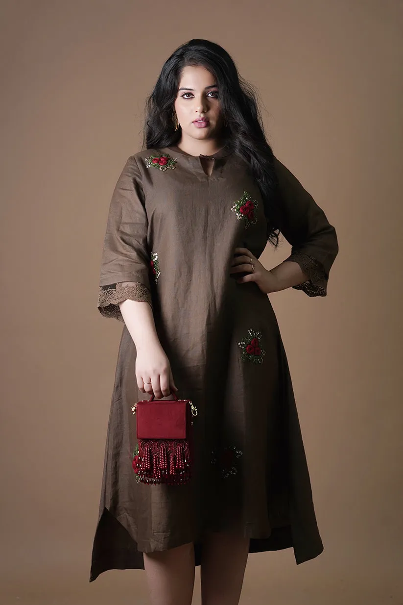 Pure Linen Brown Dress with Red Flowers