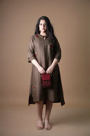 Pure Linen Brown Dress with Red Flowers
