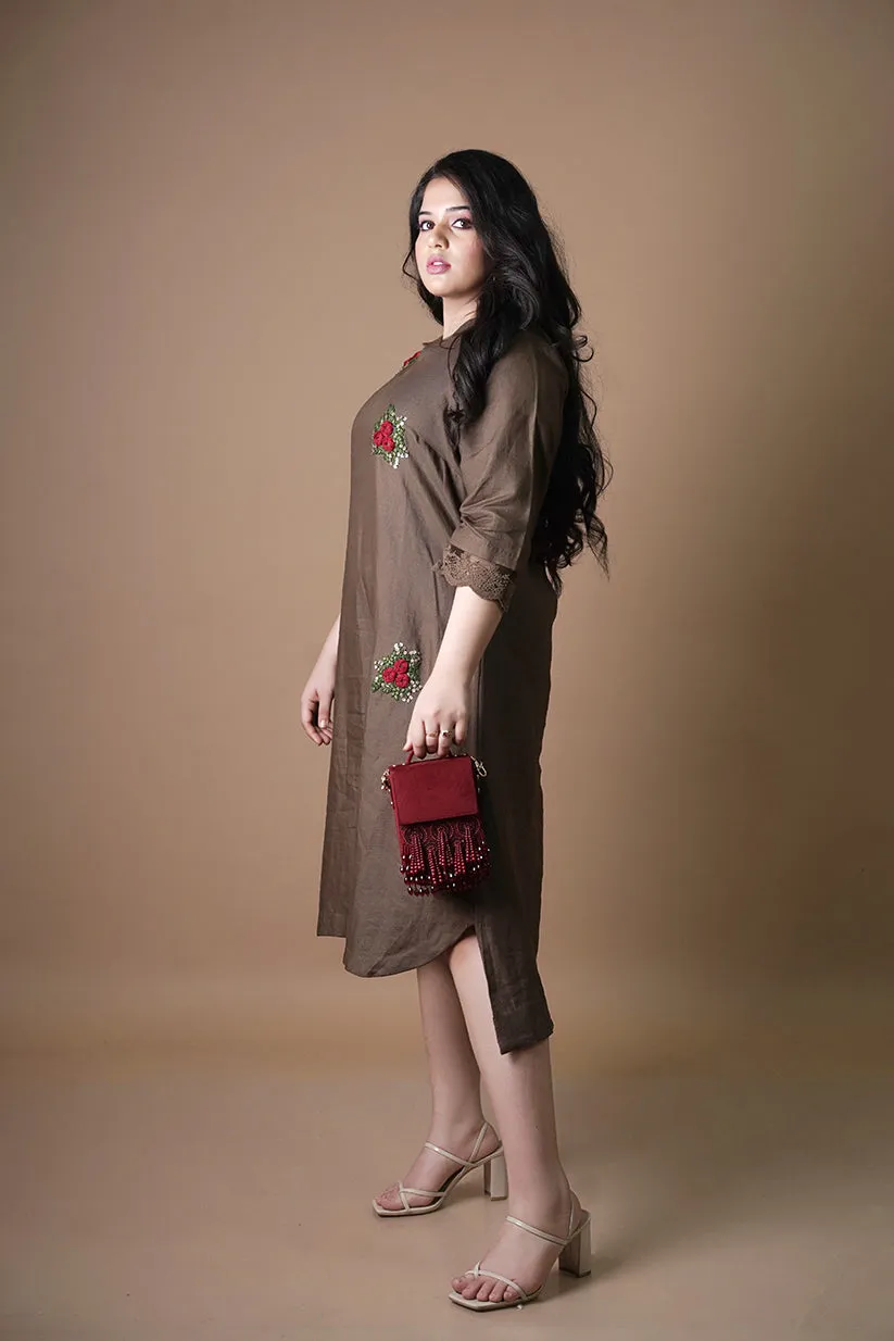 Pure Linen Brown Dress with Red Flowers