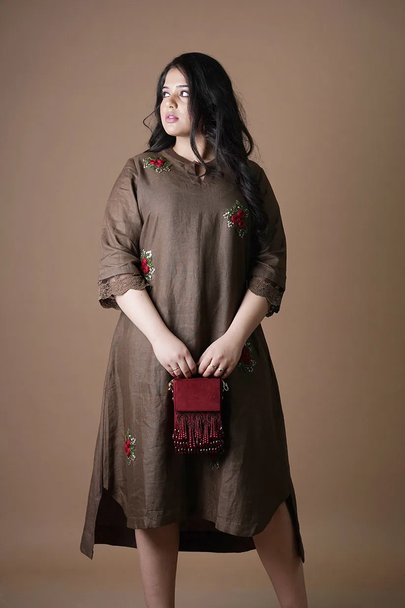 Pure Linen Brown Dress with Red Flowers