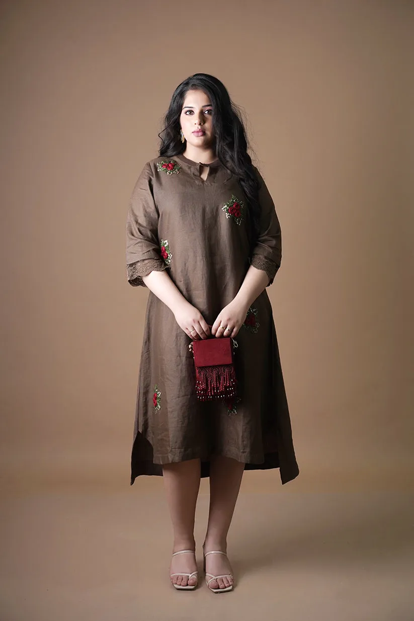 Pure Linen Brown Dress with Red Flowers