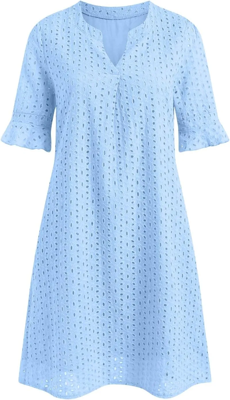 Rvidbe Women's 2025 Summer Short Sleeve Mini Dress V Neck Ruffle Hollow Out Eyelet Lace Dresses Vacation Beach Sundress