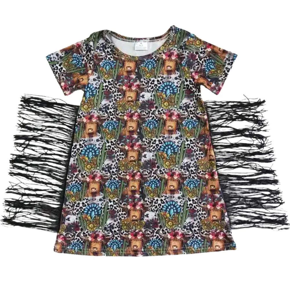 SALE - Southwest Dress Highland Cow Turquoise Medallion - Kids