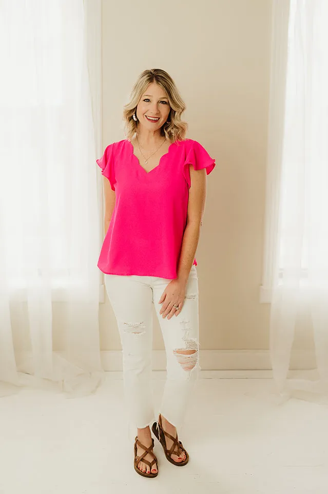 Scalloped V Neck Woven Top