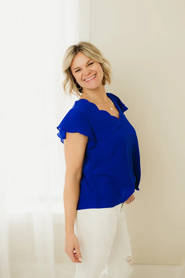 Scalloped V Neck Woven Top