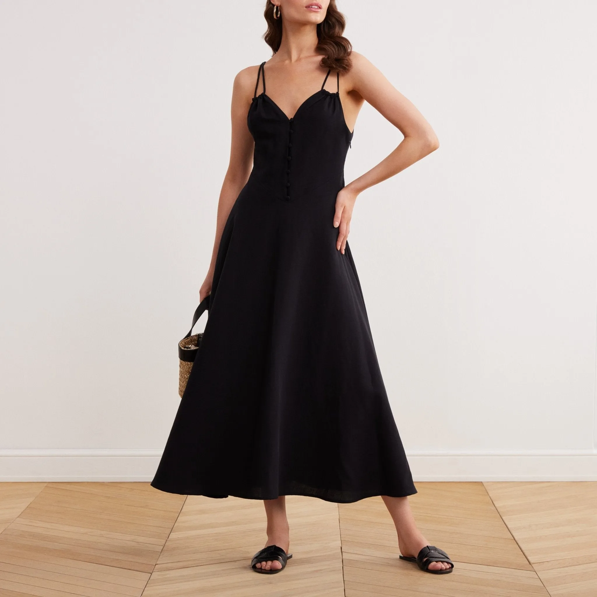 Sleeveless V-neck Fitted Waist Cotton Blended Midi Dress