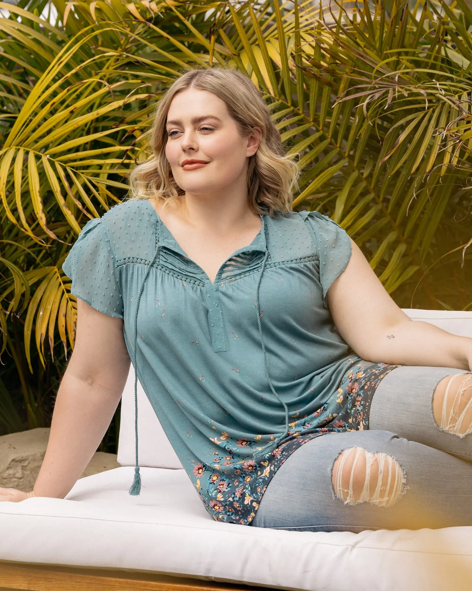 Sophie Floral Top with Split Neck and Tassels | O113 BLUE