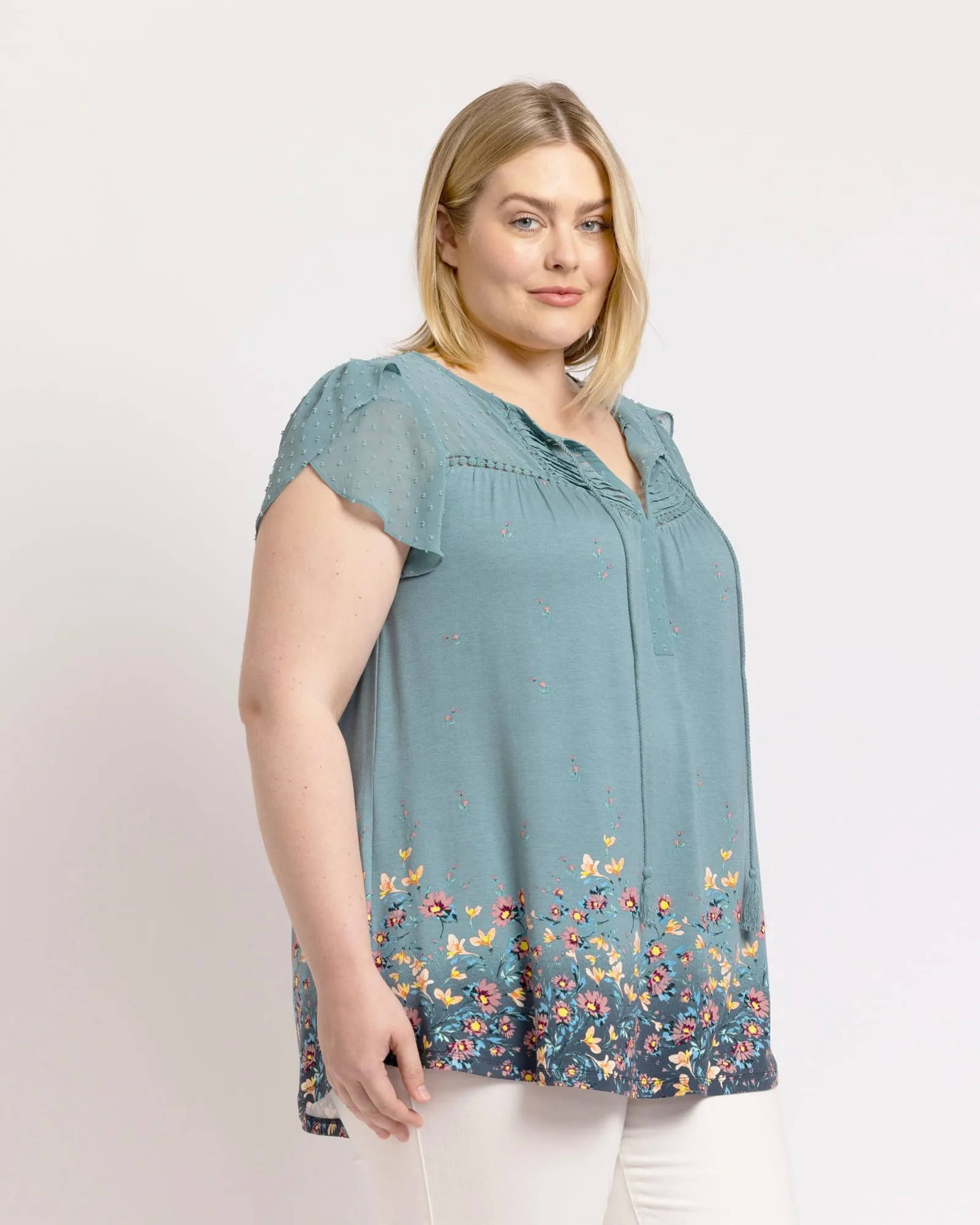 Sophie Floral Top with Split Neck and Tassels | O113 BLUE