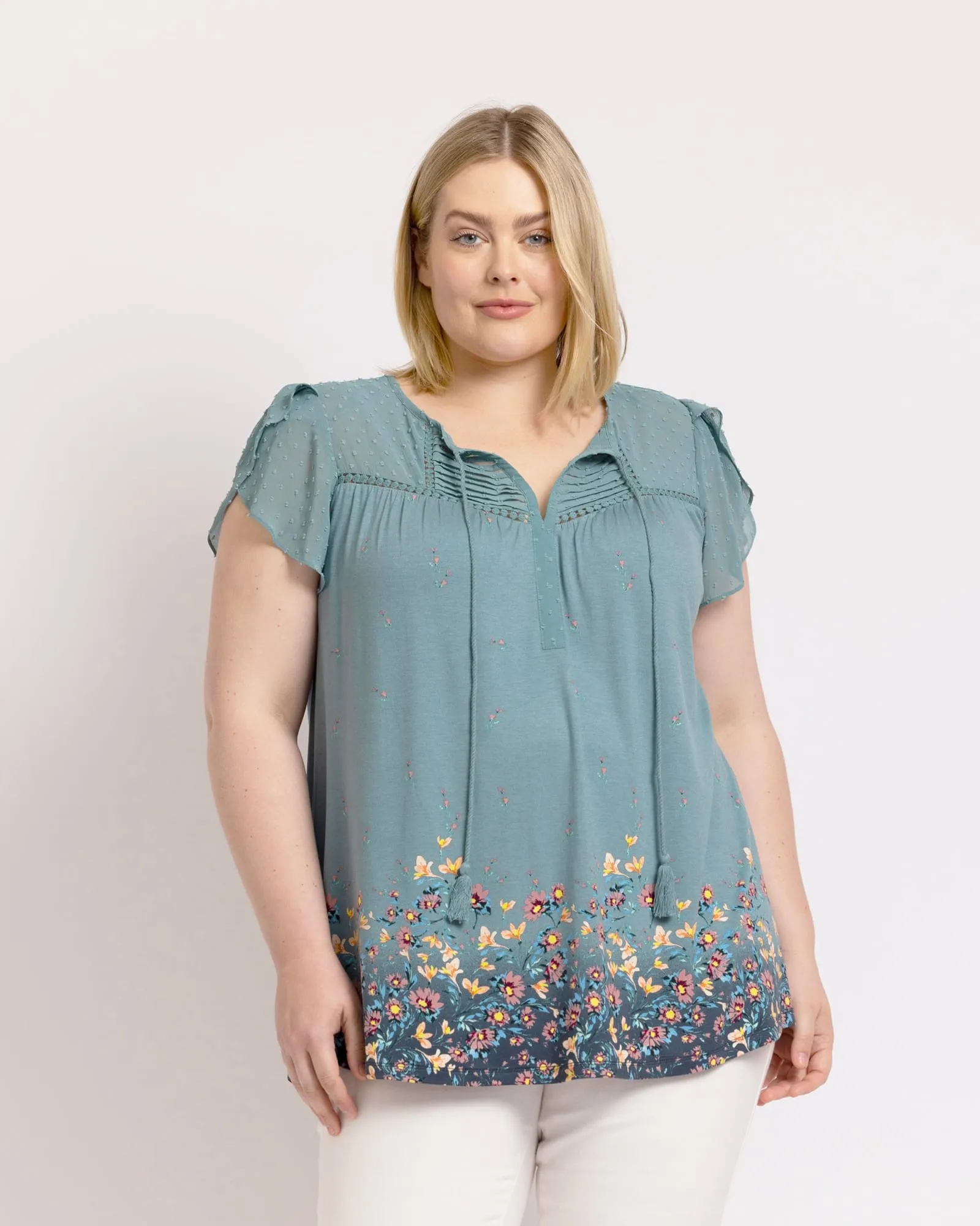 Sophie Floral Top with Split Neck and Tassels | O113 BLUE