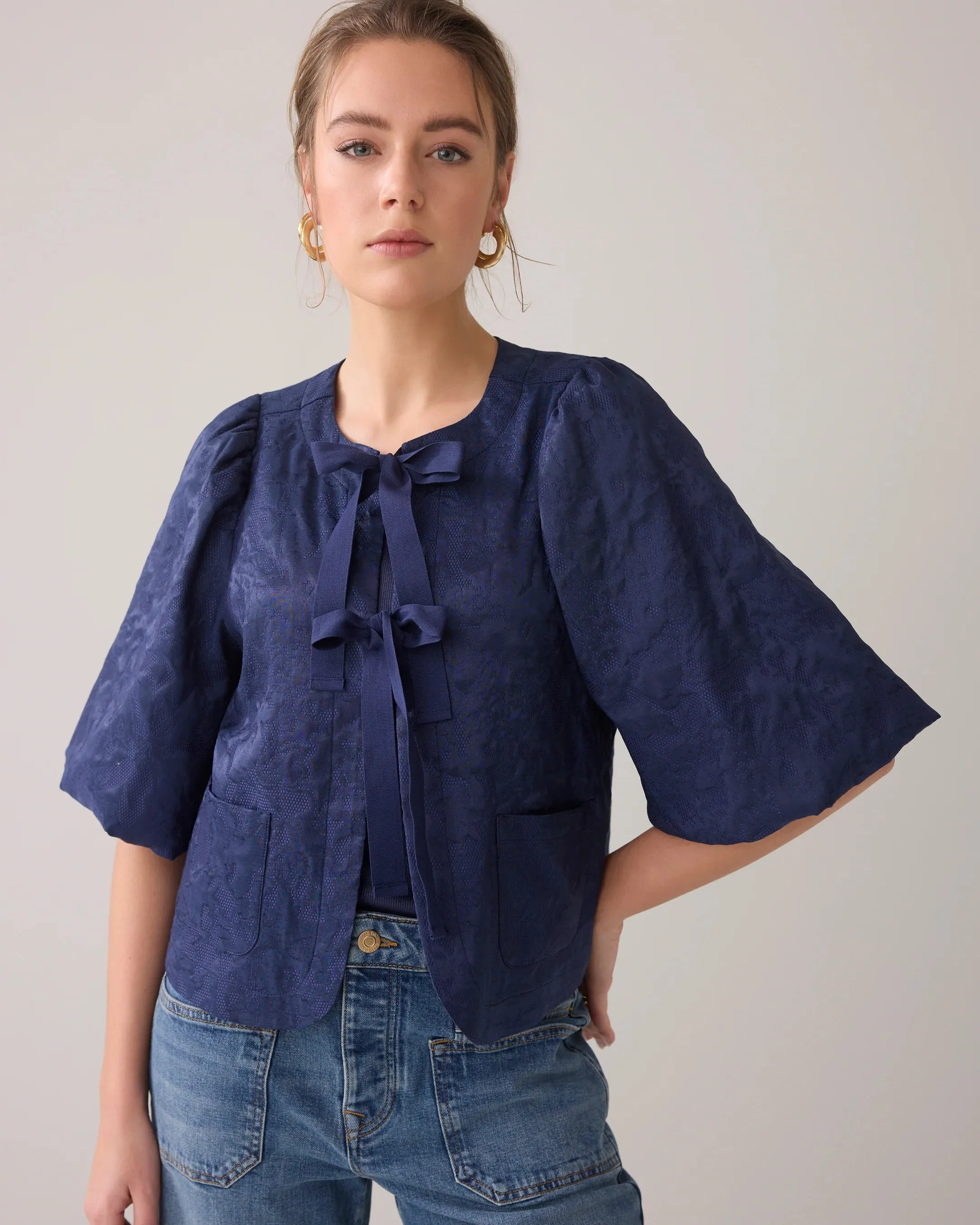 Summum Navy Jacquard Blouse Jacket With Bow Front