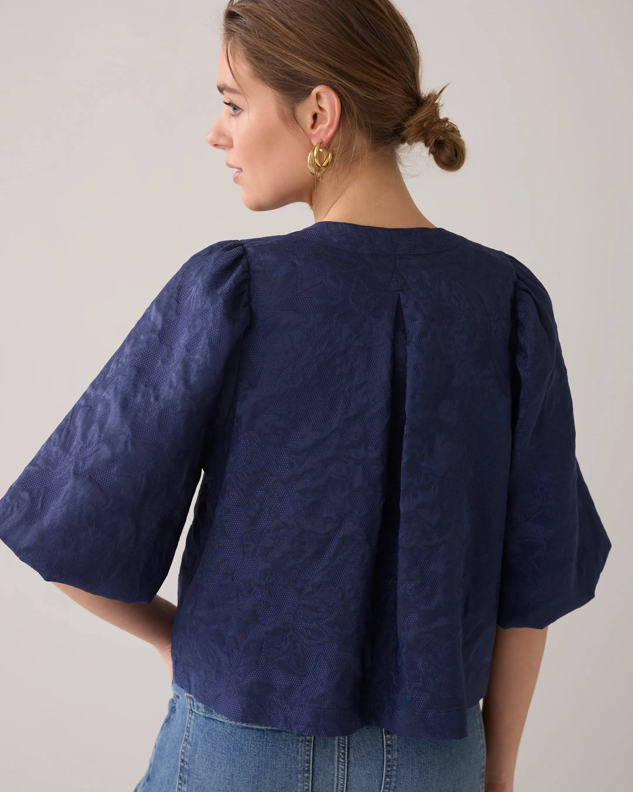 Summum Navy Jacquard Blouse Jacket With Bow Front